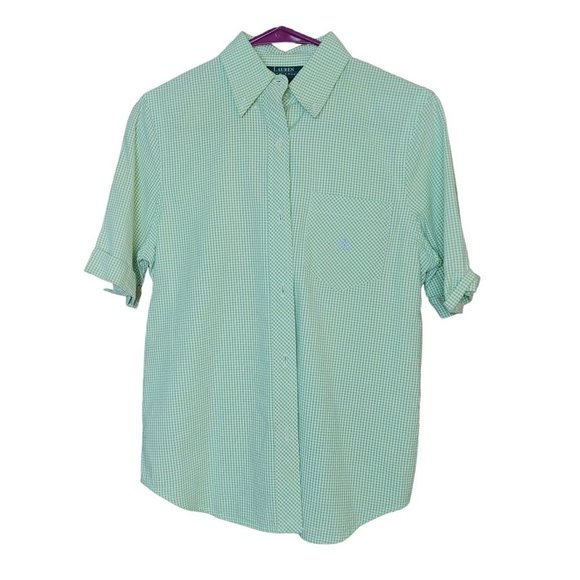 Lauren Ralph Lauren White & Green Checkered Button-up Short Sleeve Shirt Size S - Picture 1 of 3